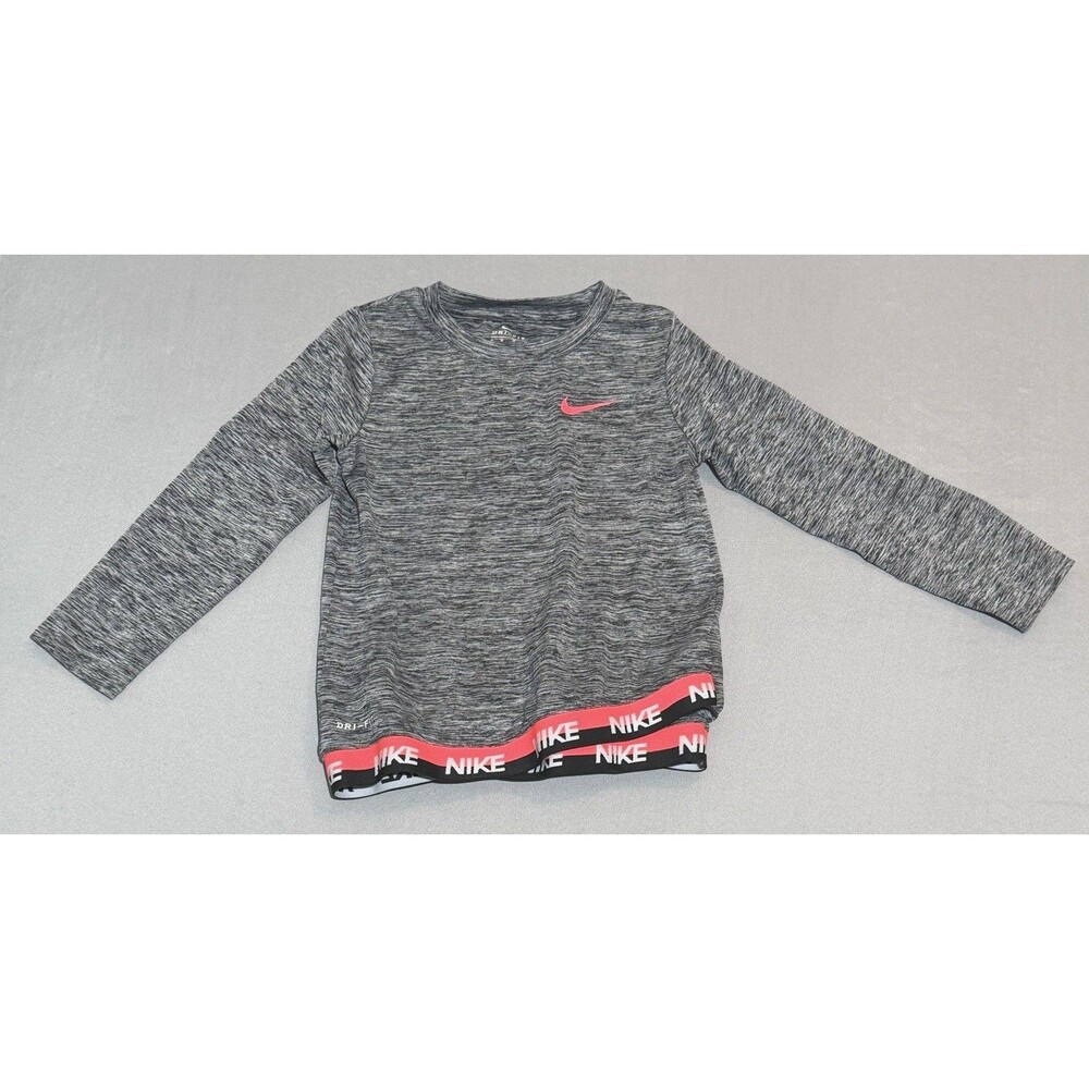 Nike Dri-Fit Long Sleeve Shirt Girls Size Medium 5-6 Gray/Black/Pink Round Neck
